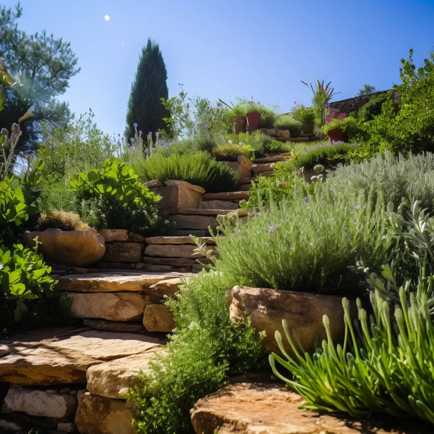stone steps leading through a garden