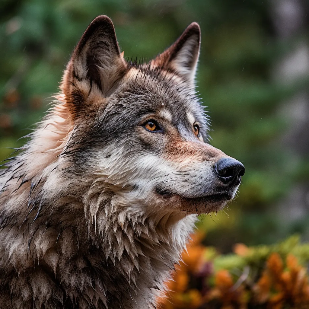 A wolf with ears perked forward looking into the distance