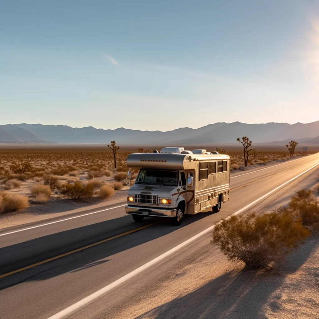 an RV Camping vehicle  going through a desert