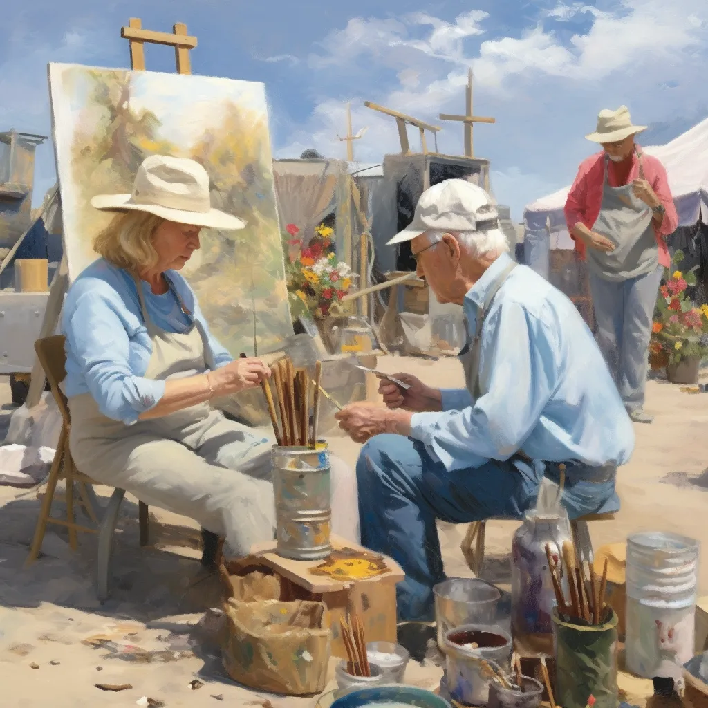 a painting of seniors painting outdoors